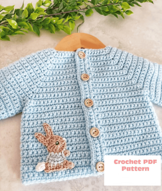 Simple Baby Cardigan Crochet Pattern with Bunny and Rainbow Applique in size's Preemie to 3-4 Years English / French