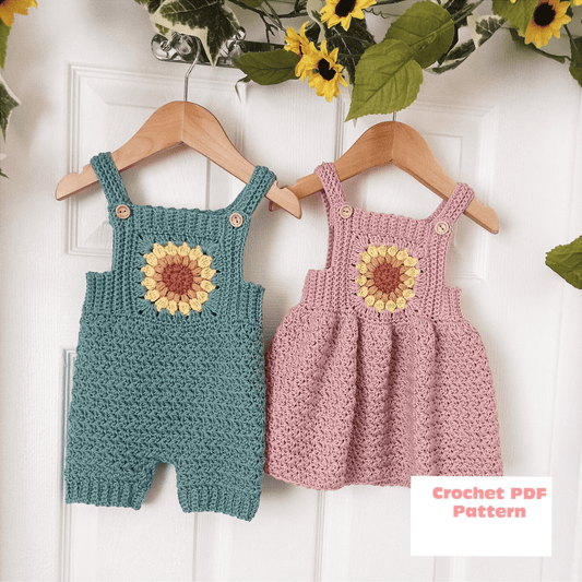 Sunflower Overalls and Dress Crochet Pattern sizes Newborn to 4 Years
